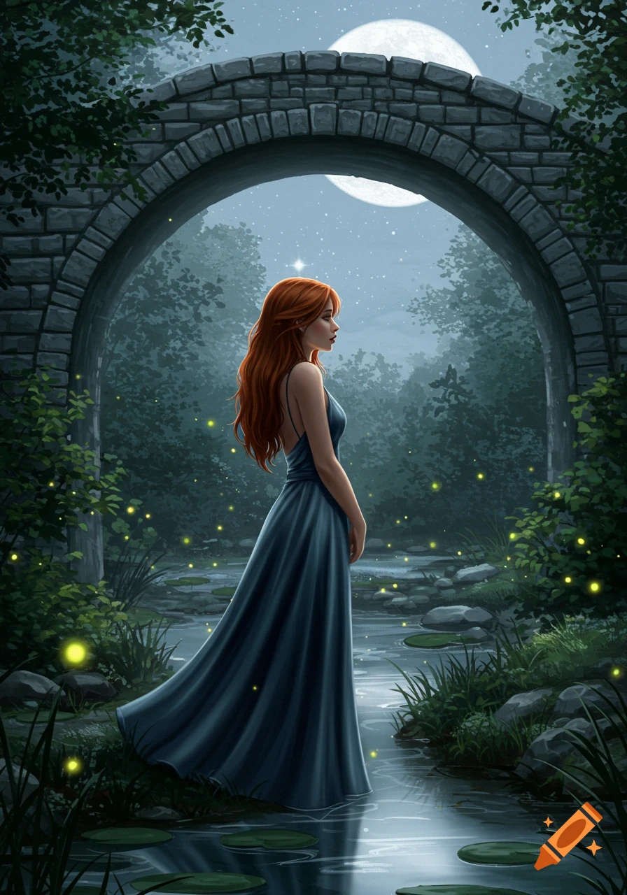 A red-haired woman in a blue gown stands in a magical moonlit forest with fireflies, under a stone bridge, digital art.