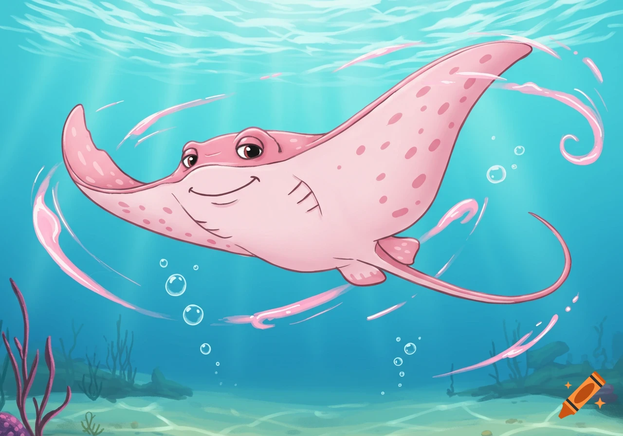 A charming, smiling pink cartoon stingray swims underwater, surrounded by subtle pink swirls and bubbles, with plants on the ocean floor.