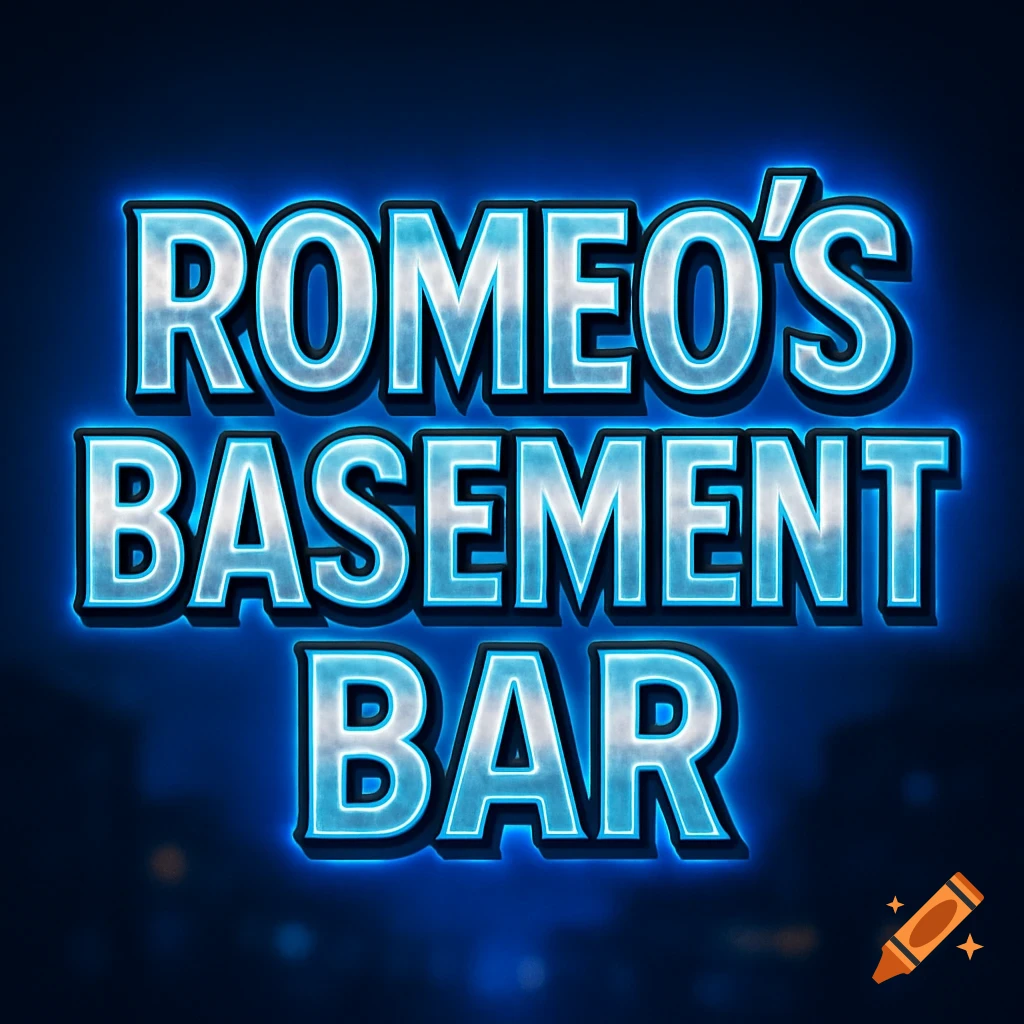 Glowing blue neon sign reads 'ROMEO'S BASEMENT BAR' on a dark, blurry background.