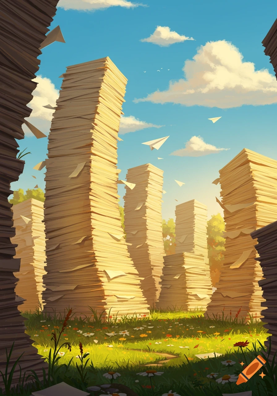 Illustrated scene of giant paper stacks in a field with wildflowers under a blue sky, paper airplanes fly above.