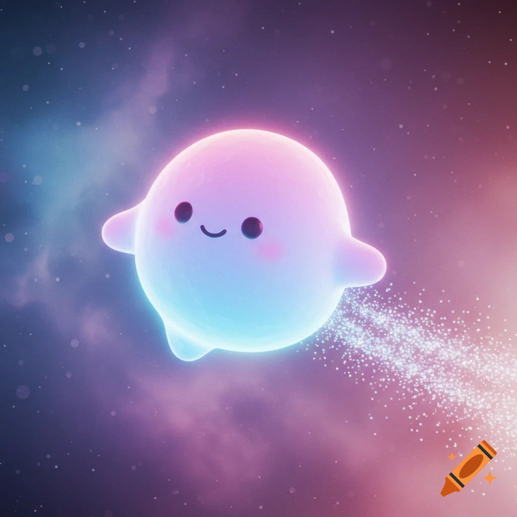 A cute, glowing, pink and blue amorphous orb floats through a starry cosmic cloud, leaving a sparkling trail.