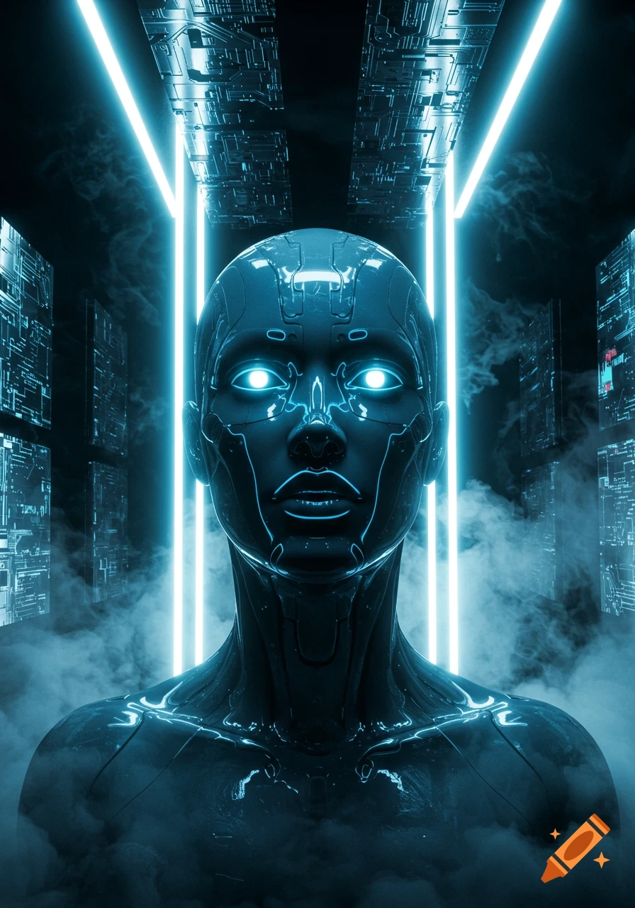 A futuristic humanoid robot bust with glowing blue eyes and lines, set in a dark, misty environment with neon lights and circuit patterns.