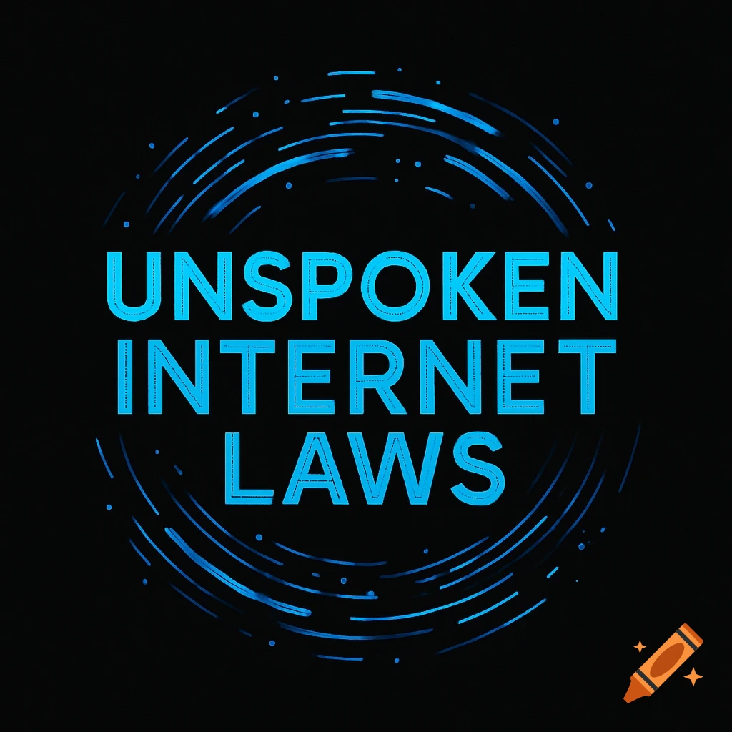 Blue text 'UNSPOKEN INTERNET LAWS' on a black background with abstract blue light trails forming a circle.