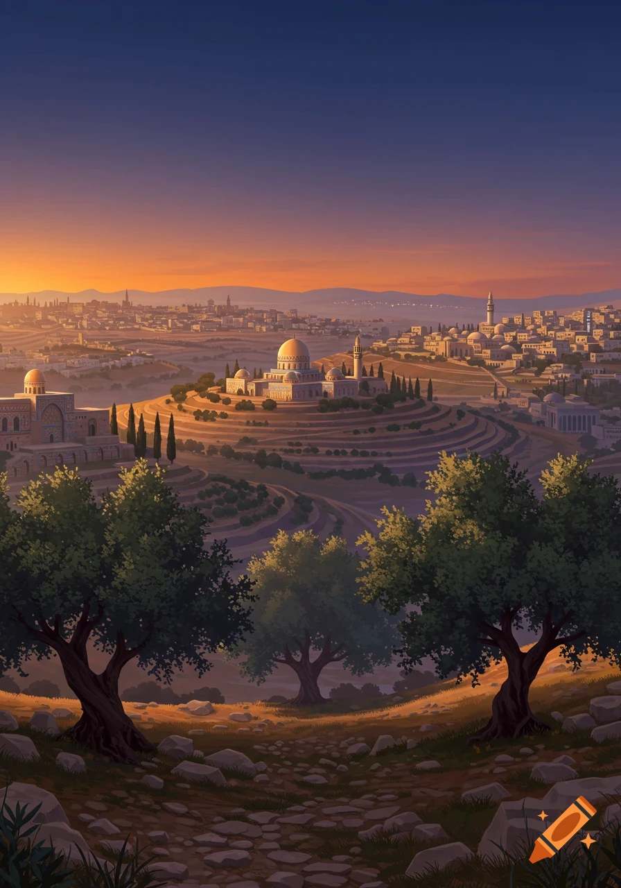 Illustrative view of an ancient city with domes and minarets on hills at sunset, framed by two large trees in the foreground.