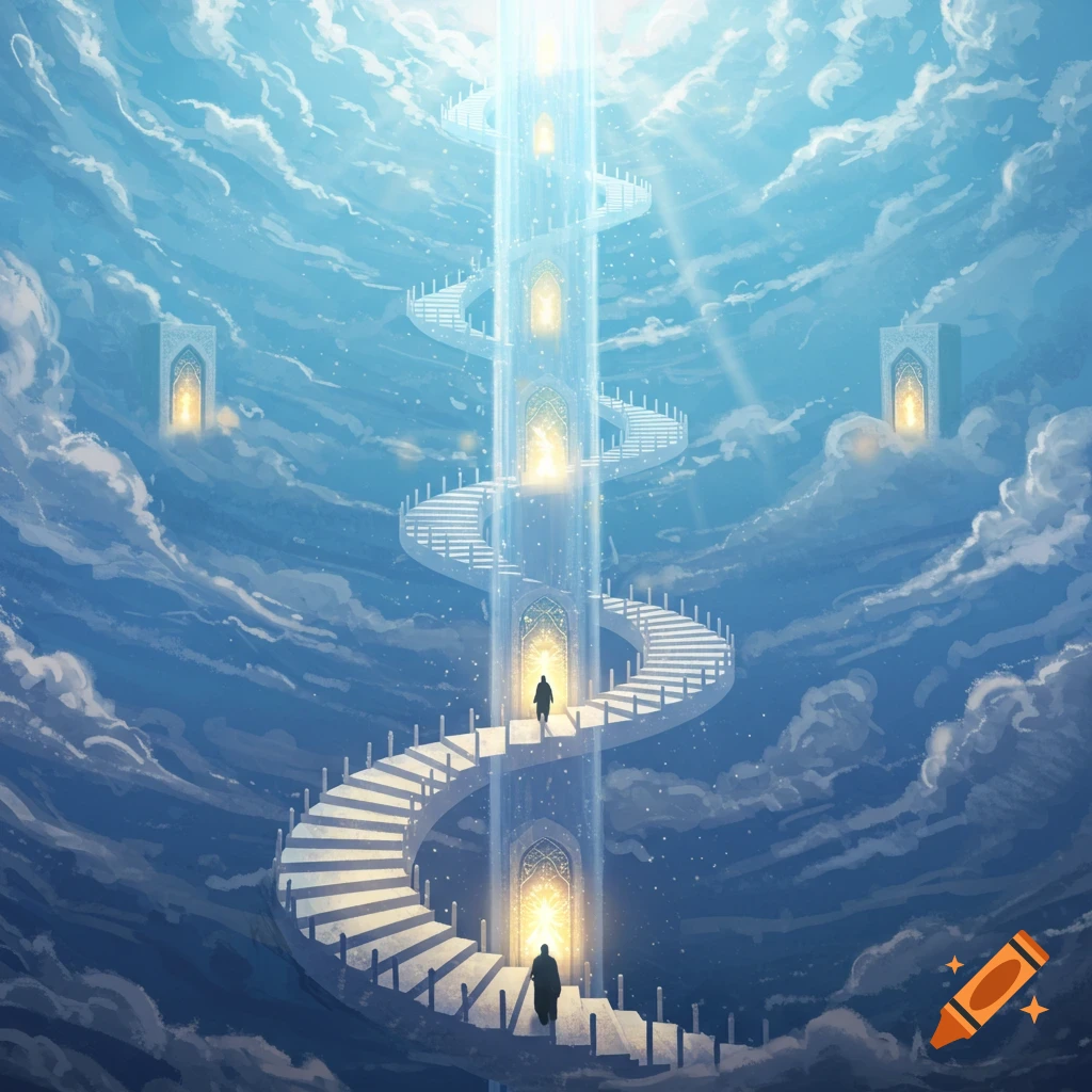 A luminous spiral staircase ascends through a blue, cloudy sky, with two figures climbing towards glowing arched doorways.
