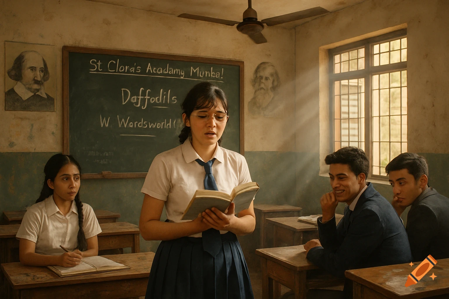 A young girl in a school uniform reads from a book in a classroom with a blackboard and other students.