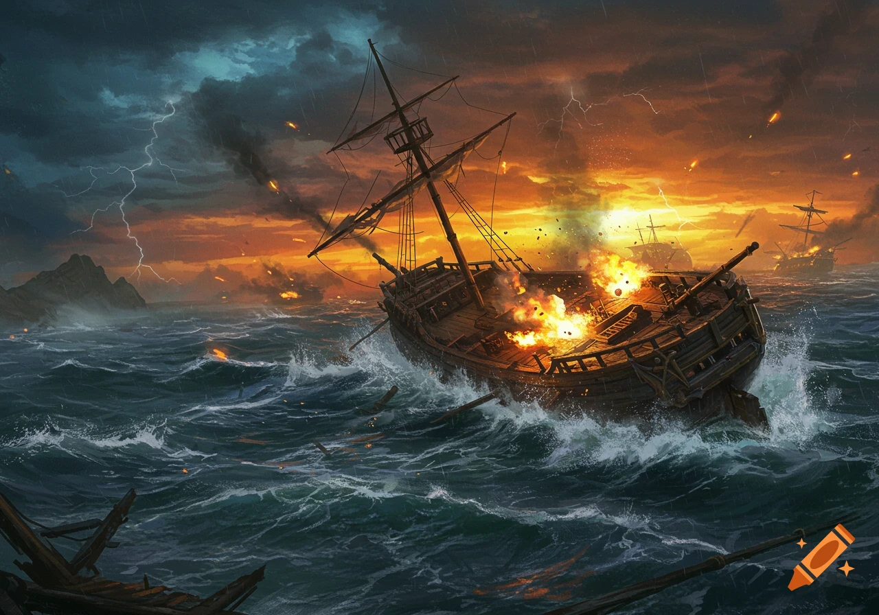 A dramatic digital painting of a wooden ship engulfed in flames during a stormy naval battle at sunset, with lightning and explosions.