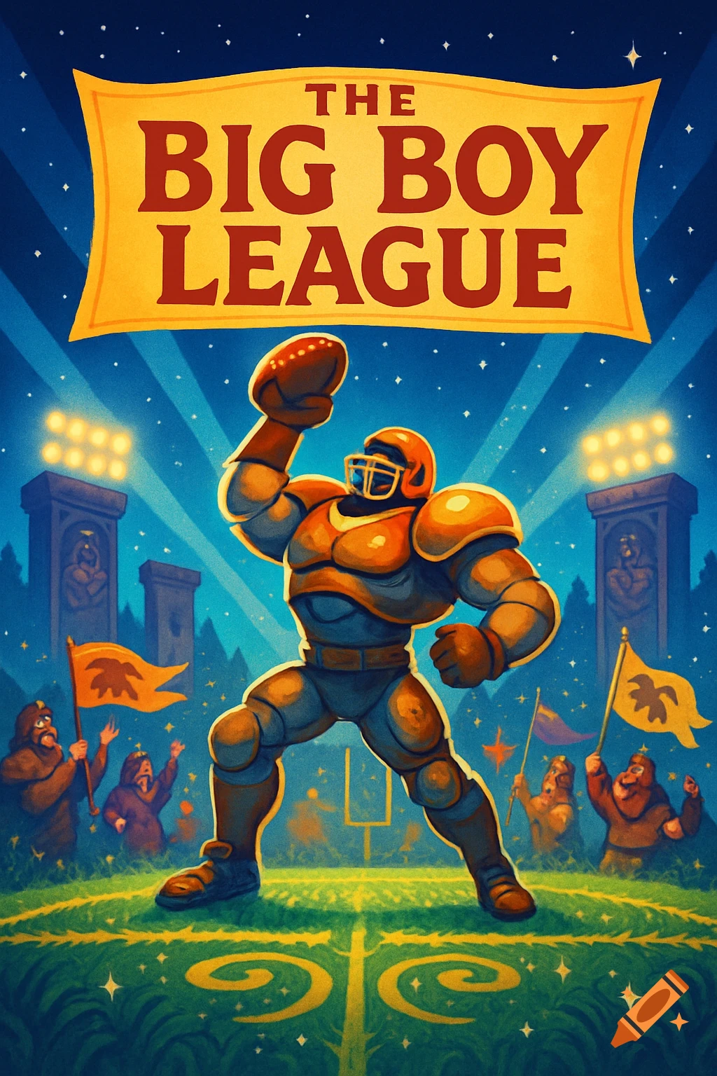 Illustration of an armored football player under 'The Big Boy League' banner in a stadium with fans.