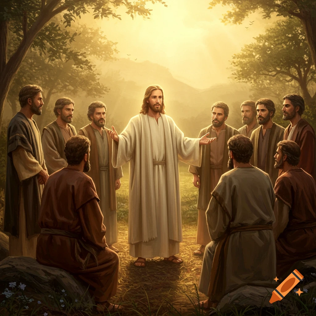 Jesus teaching a group of disciples outdoors in a sunlit forest clearing, digital painting style.