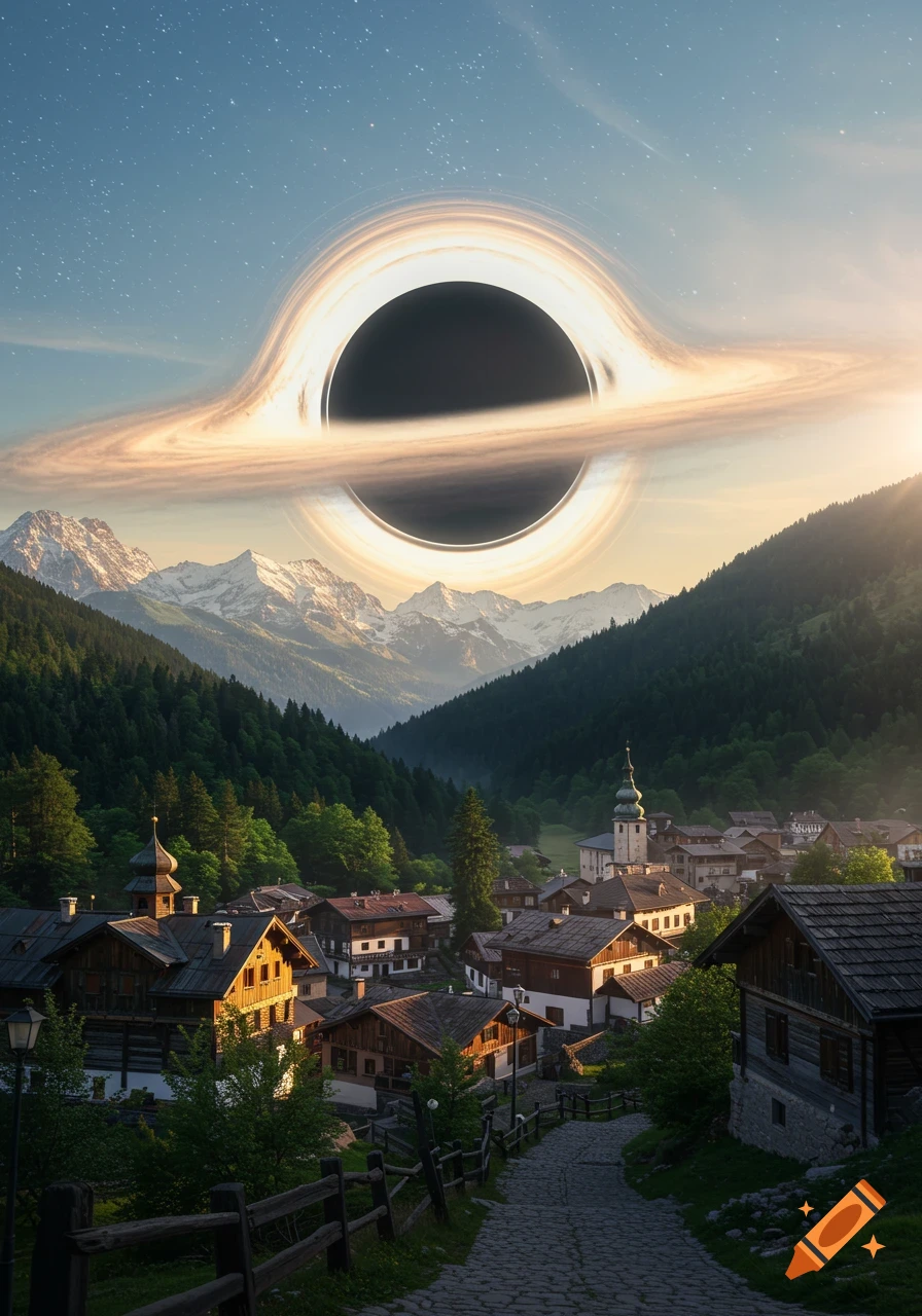 A photorealistic image of a black hole with a bright accretion disk dominating the sky above a charming mountain village nestled among forested valleys and snow-capped peaks.
