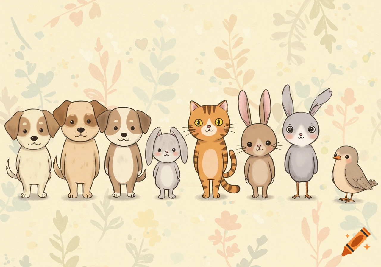 A lineup of cute cartoon animals including three dogs, two rabbits, one cat, and one bird, against a light background with subtle leaf patterns.