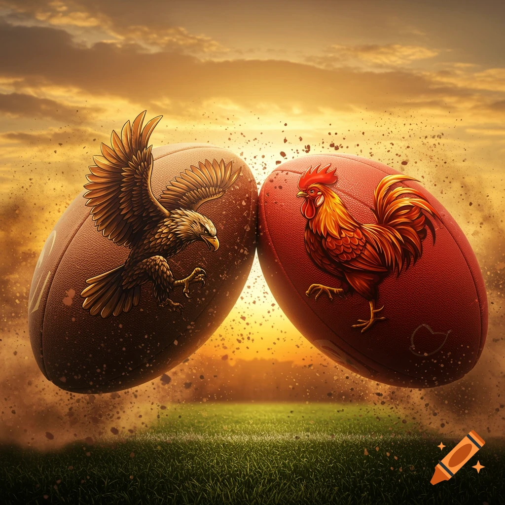 Two footballs collide mid-air over a grassy field at sunset, one featuring a golden eagle and the other a red rooster.