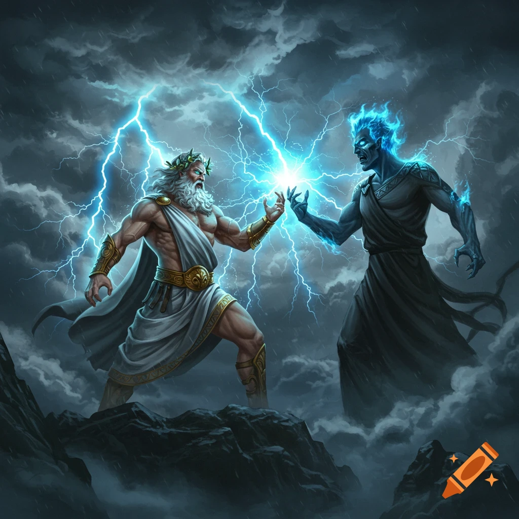 Zeus and Hades, ancient gods, battle amidst a stormy sky with bright blue lightning bolts.