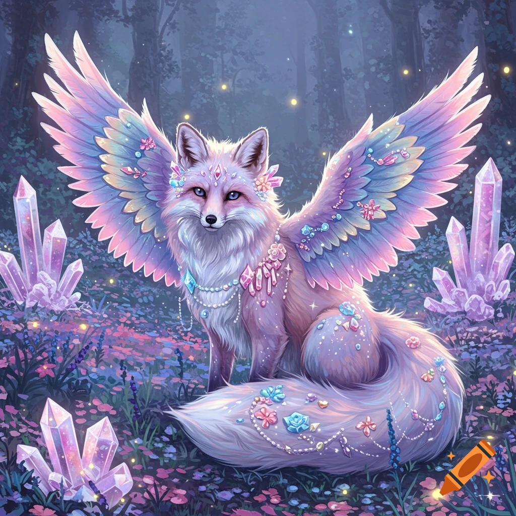 A pastel-colored winged fox adorned with crystals and flowers sits in a magical forest with glowing crystals and fireflies.