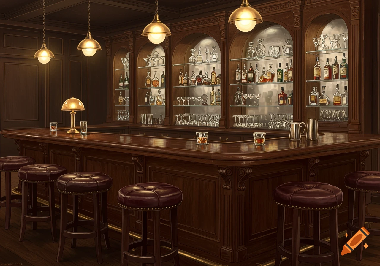 A richly detailed, photorealistic illustration of a dark wood bar with ornate carving, brass foot rail, leather stools, and shelves stocked with bottles and glasses under warm pendant lights.