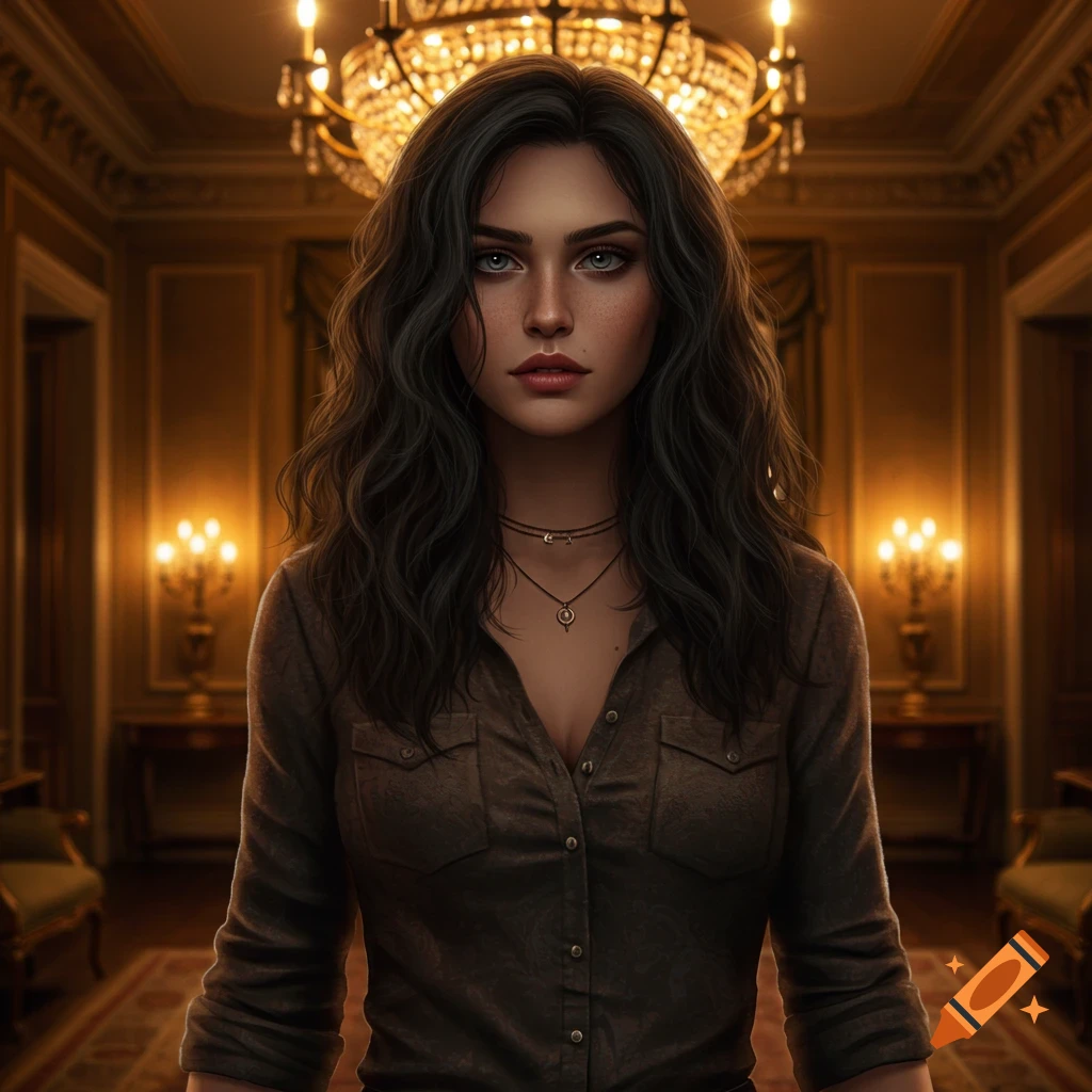 Photorealistic portrait of a woman with dark wavy hair and light eyes in a grand, dimly lit room with a chandelier.