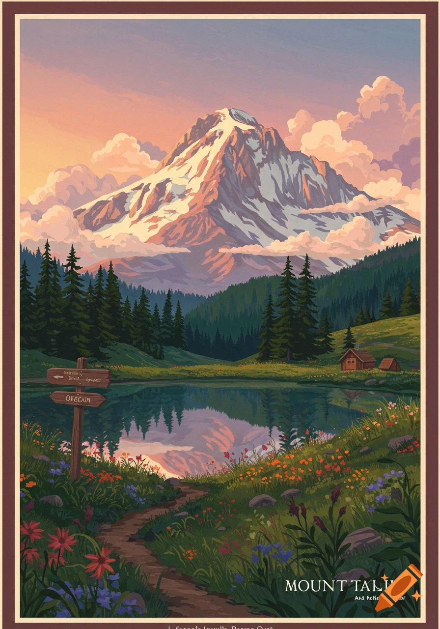 Stylized travel poster of a snow-capped mountain reflecting in a lake, surrounded by lush green forests and wildflowers at sunset. A wooden signpost points towards "Oregon."