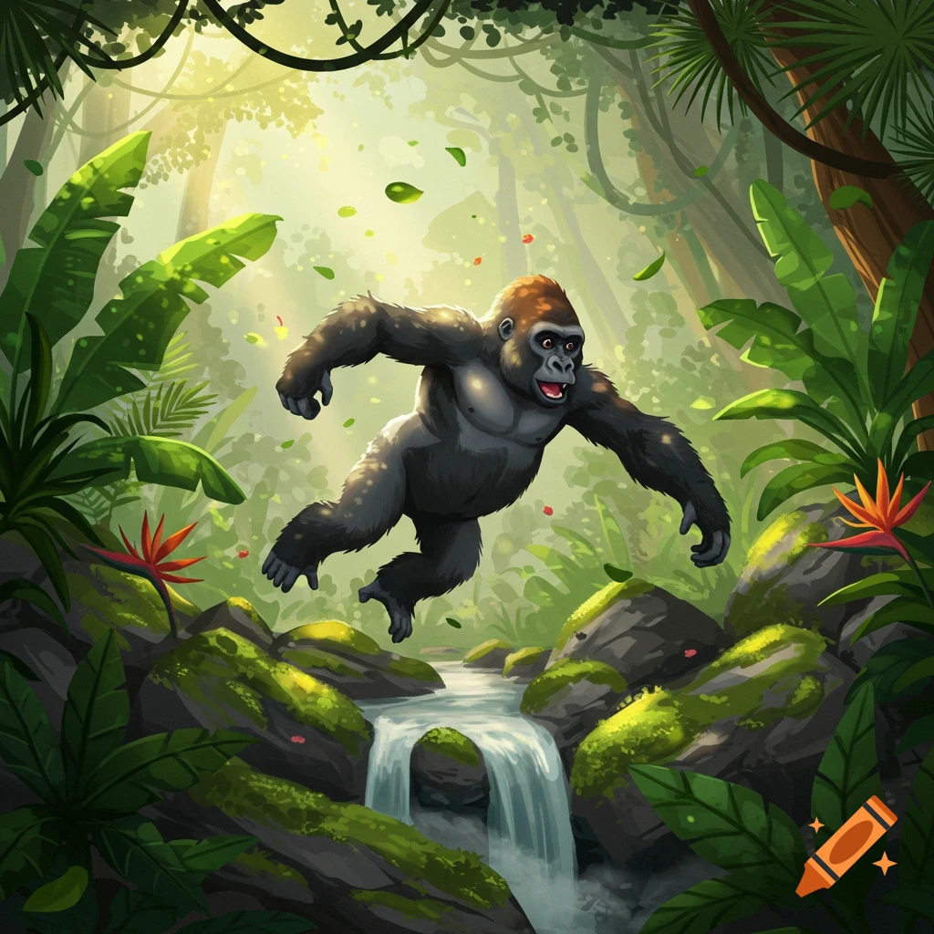 A vibrant illustration of a cartoon gorilla leaping over a small waterfall in a sunny, lush jungle.