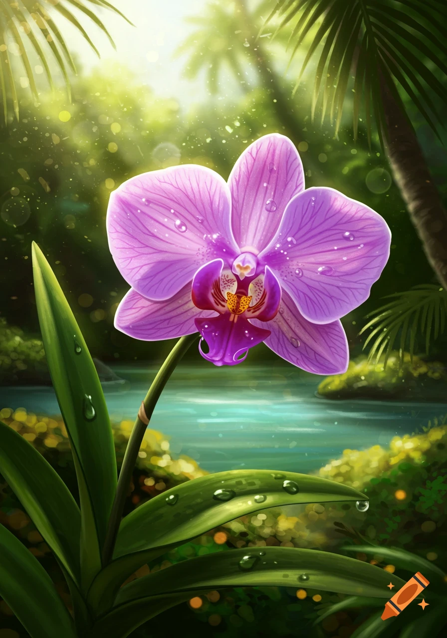 Vibrant purple orchid with water droplets in a lush tropical jungle. Sunlight filters through palm leaves above a river.