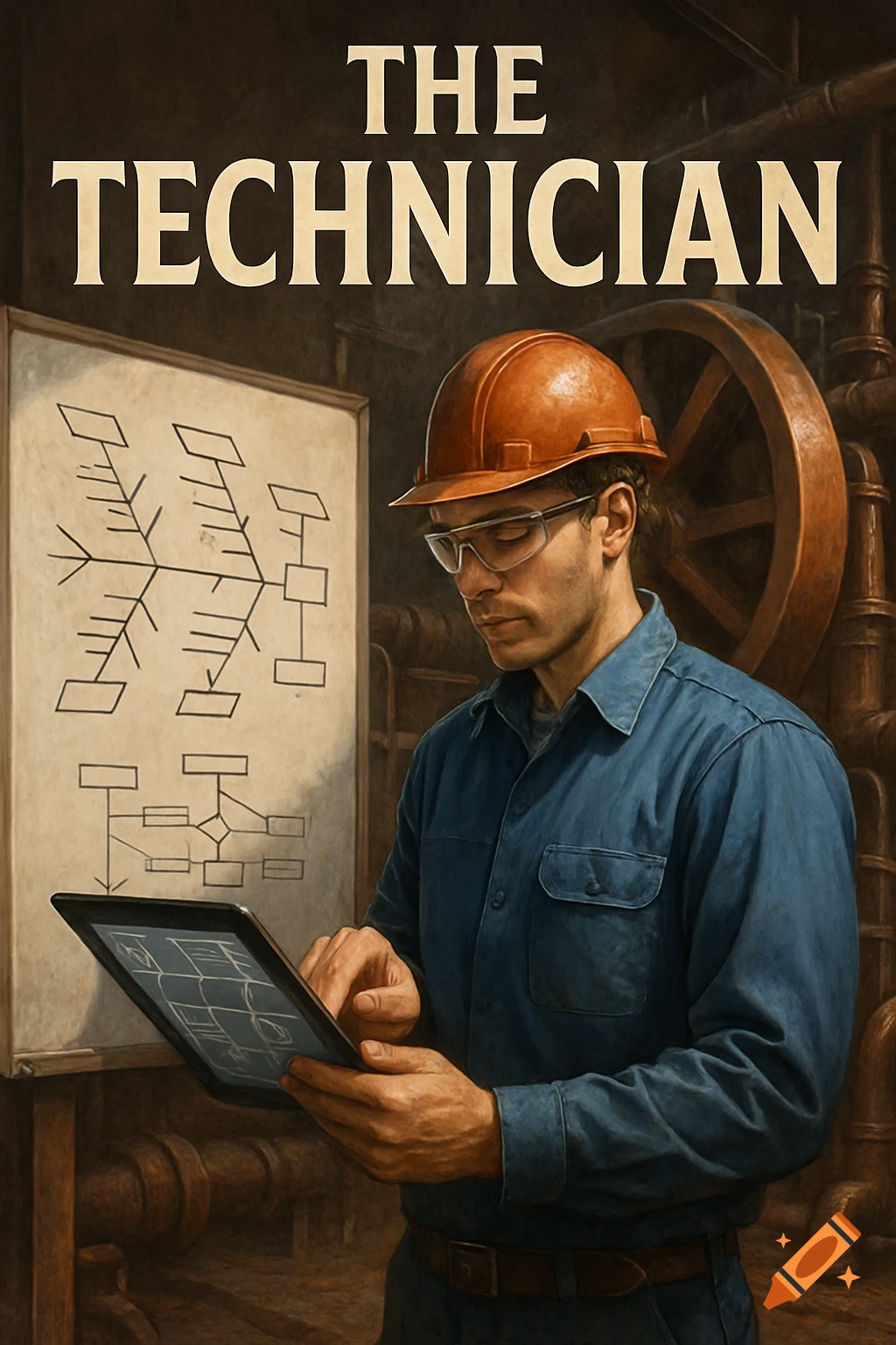 Realistic book cover for 'THE TECHNICIAN' shows a male technician in a hard hat using a tablet in an industrial facility with diagrams.