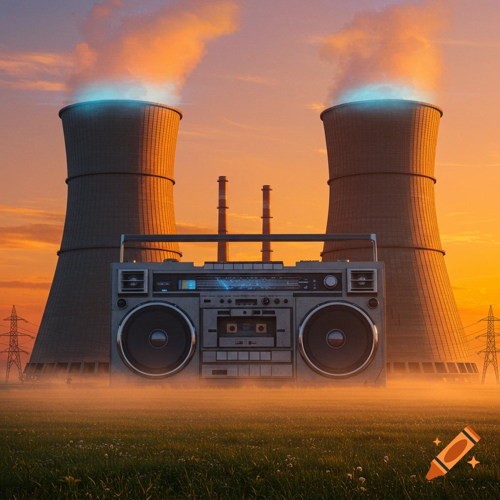 A large retro boombox sits in a grassy field with two glowing nuclear power plant cooling towers and power lines at sunset.