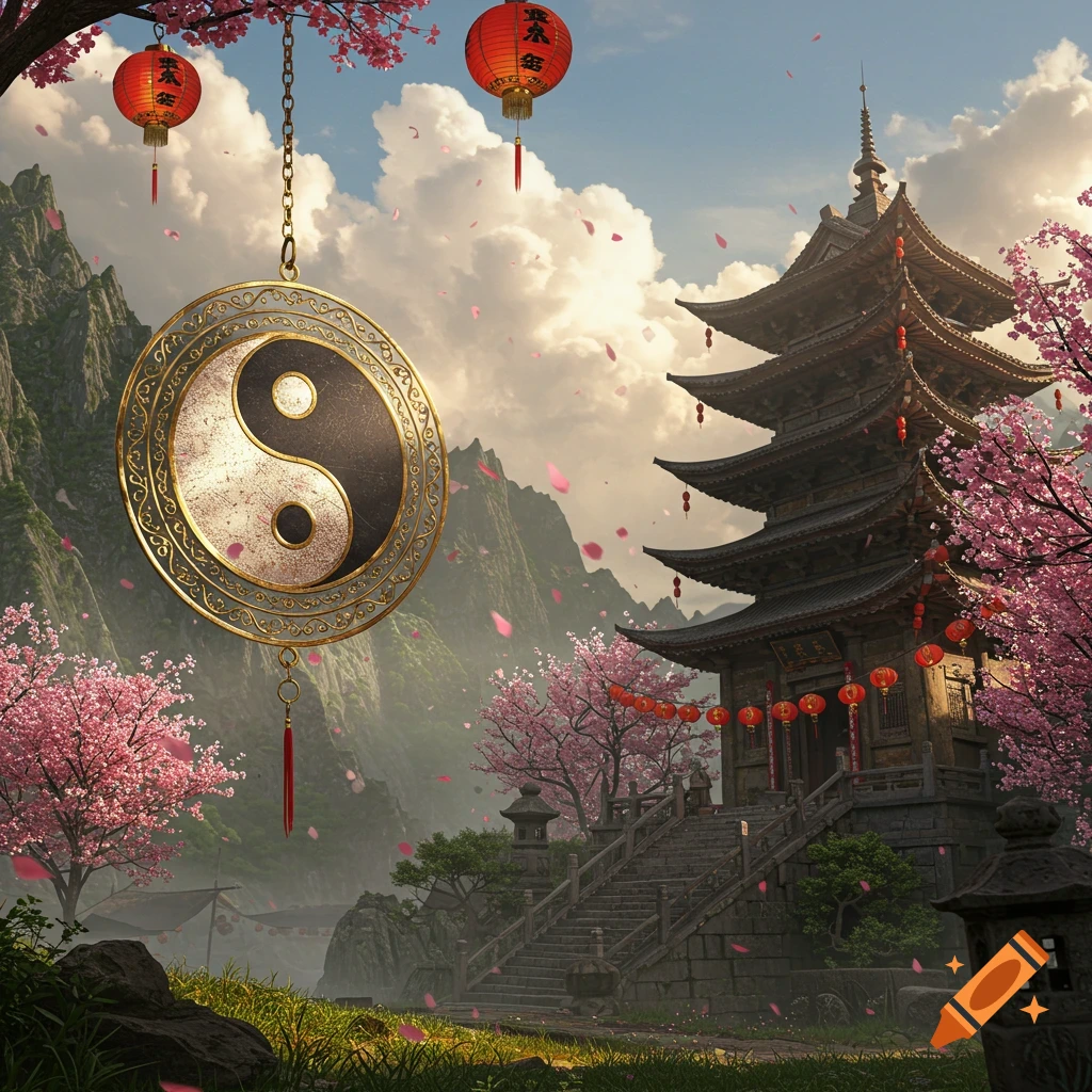 A large golden yin-yang symbol hangs before a traditional Asian pagoda temple amidst pink cherry blossoms and mountains.