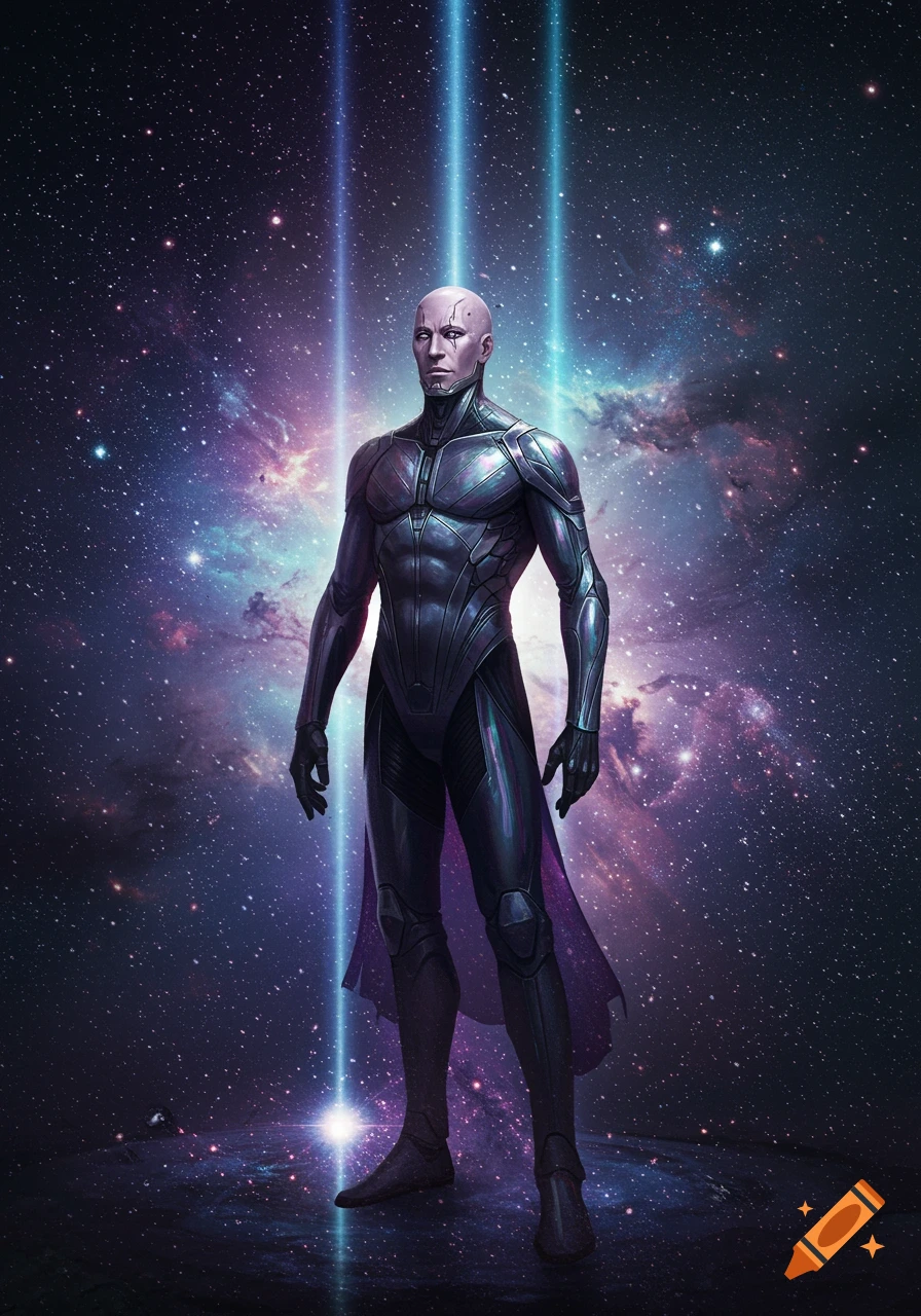 A bald, pale-skinned figure in a dark, metallic futuristic suit with a cape stands against a vibrant cosmic background.