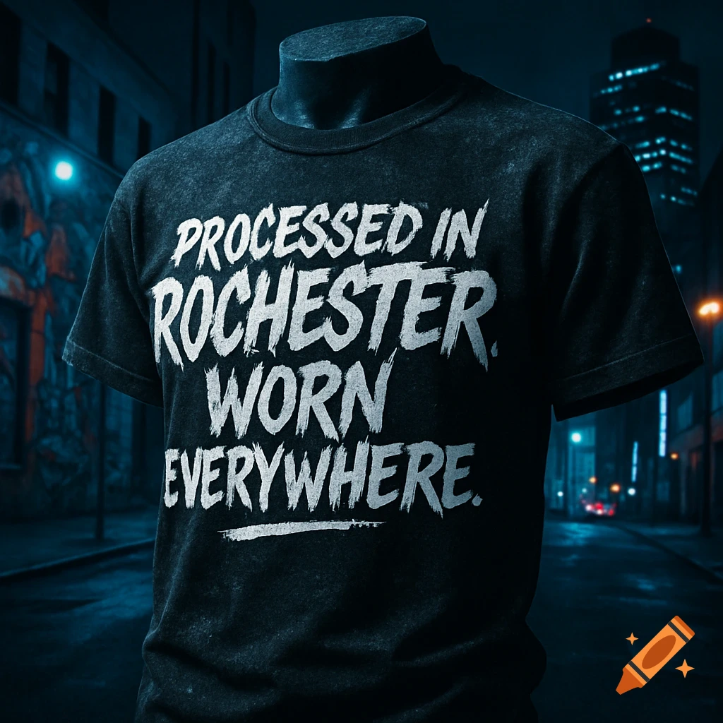 Dark grey t-shirt with white distressed text 'PROCESSED IN ROCHESTER. WORN EVERYWHERE.' on a mannequin in a dark city street.