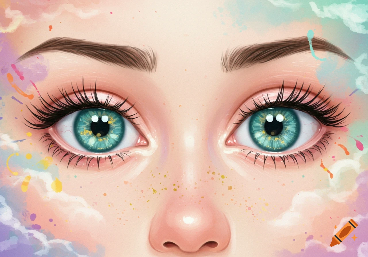 Close-up illustration of two large, wide-open green eyes with long lashes and a colorful, dreamy background.