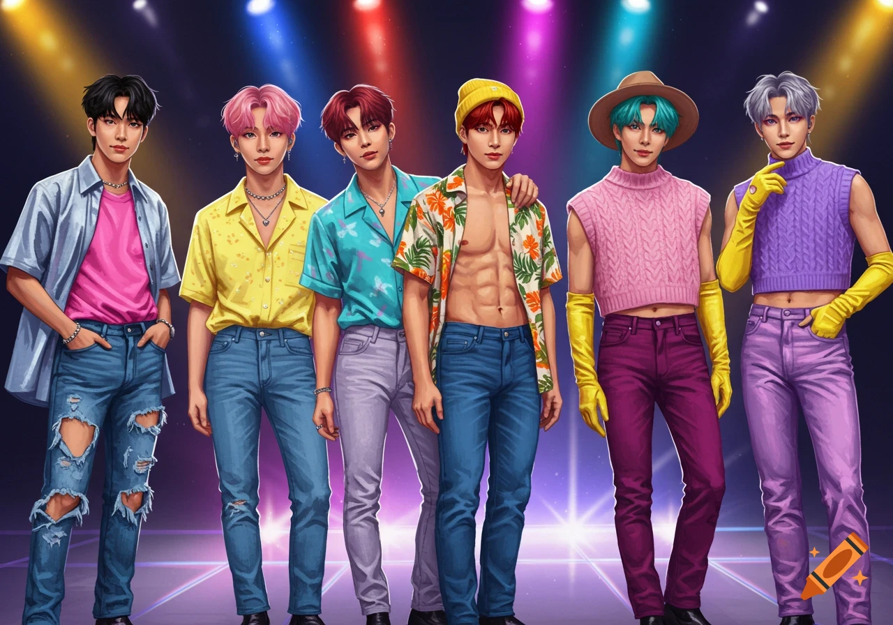 A stylized K-pop boy group of six men with colorful hair and vibrant outfits pose on a stage under spotlights.