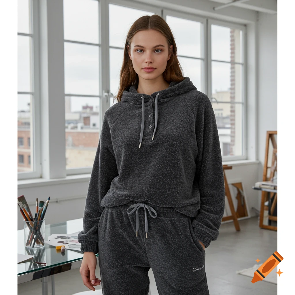 A young woman in a dark gray fuzzy sweat suit stands in a brightly lit room with large windows, photorealistic style.