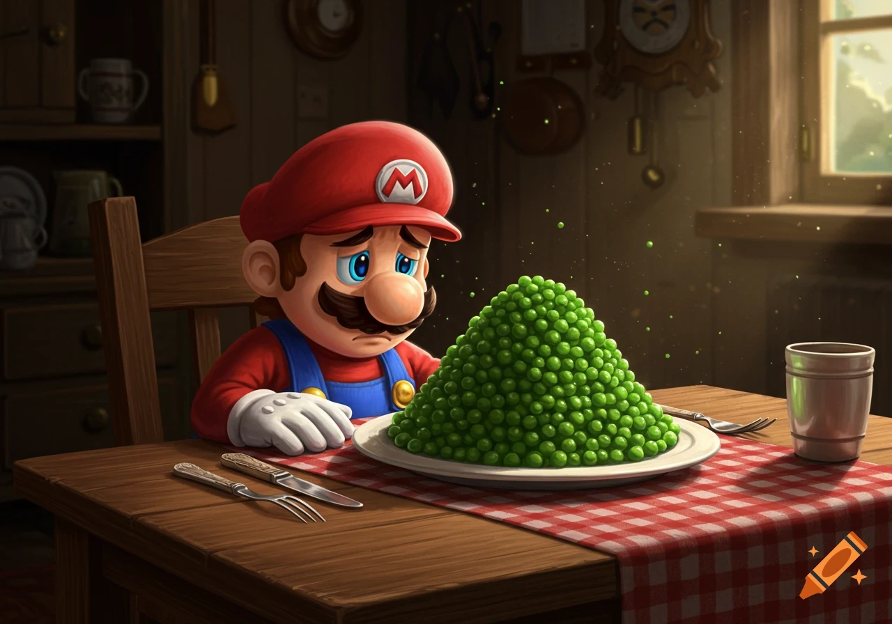 Mario looking sad at a large pile of peas on his supper plate in a rustic kitchen, bathed in warm light.
