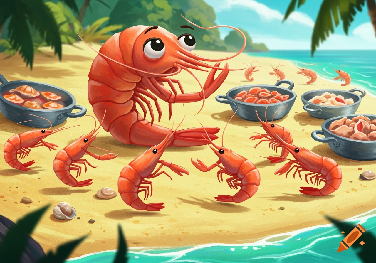A large surprised cartoon prawn surrounded by smaller prawns and pans of seafood on a sandy beach with palm trees and ocean.