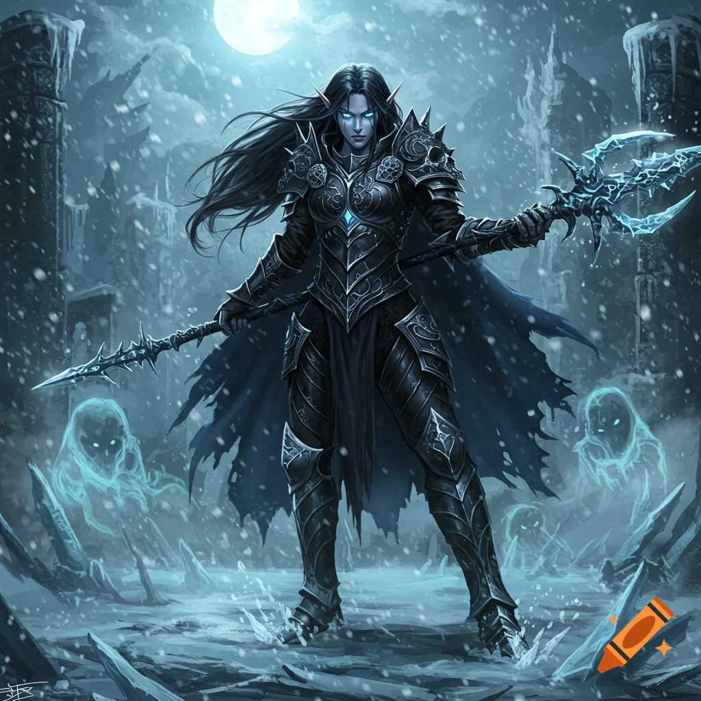 A dark fantasy elf warrior in black armor holding a frozen trident in a snowy, icy ruin with spectral figures.