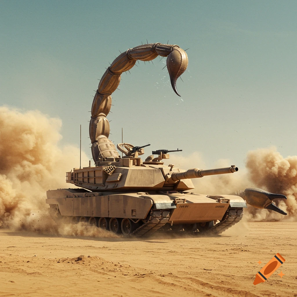 A photorealistic military tank with a giant scorpion tail and claw, stirring up dust in a sandy desert.