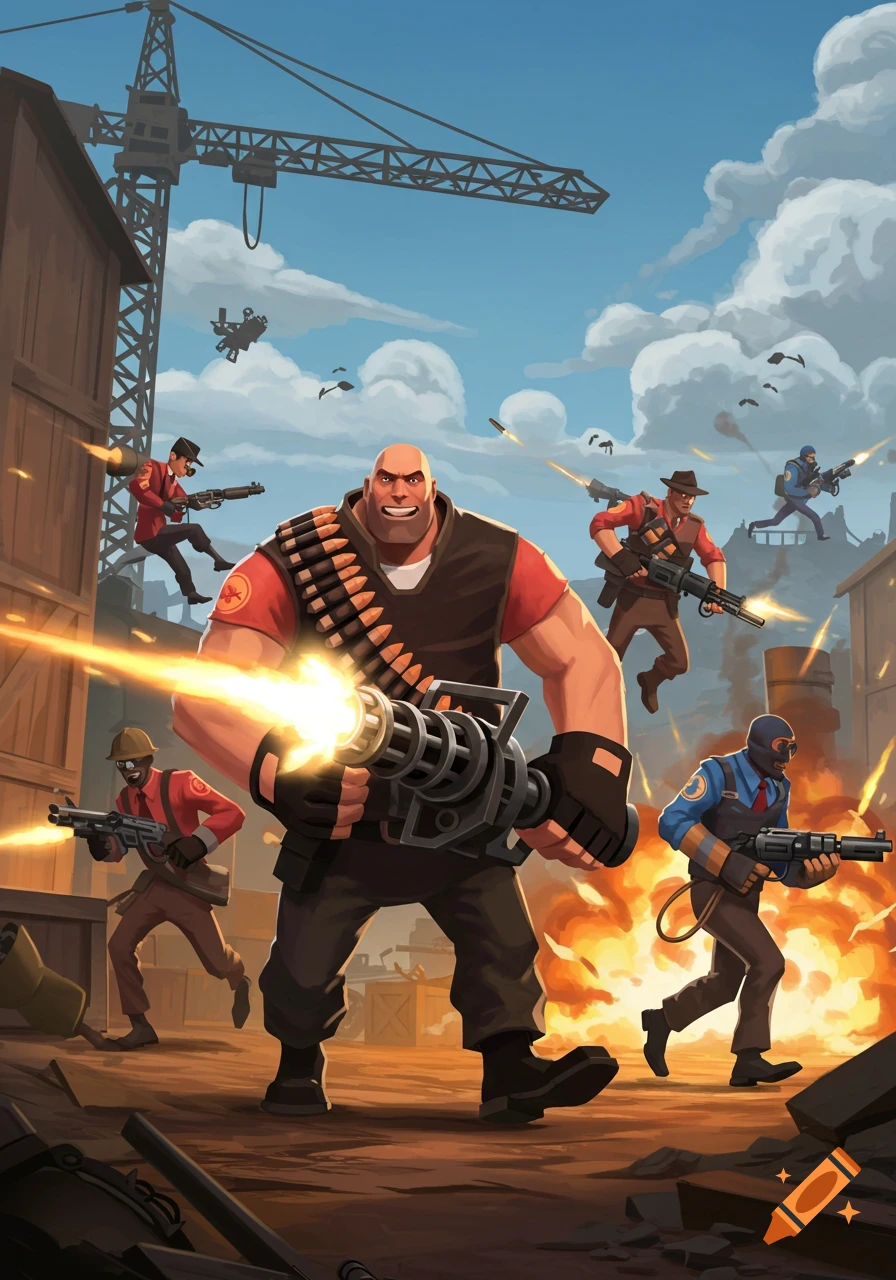 Team Fortress 2 characters in a vibrant, stylized battle scene with the Heavy firing a minigun.