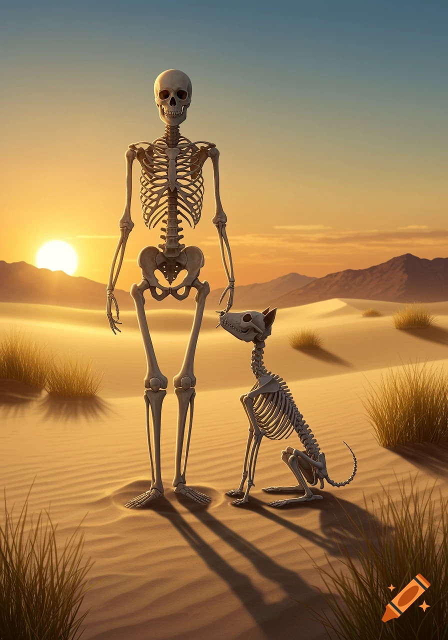 A skeletal human stands next to a skeletal dog in a sunlit desert landscape with dunes and mountains at sunset, photorealistic.