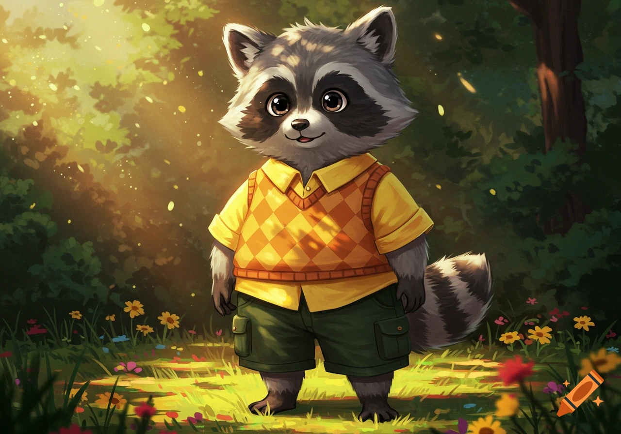 A cute anthropomorphic raccoon in a yellow shirt, checkered sweater vest, and green shorts stands in a sunlit forest clearing with flowers.