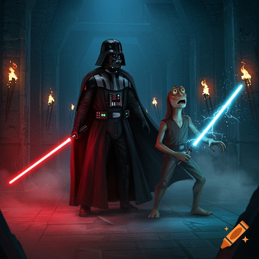 Darth Vader with a red lightsaber and a surprised Jar Jar Binks with a blue, sparking lightsaber in a dark, torch-lit stone corridor.
