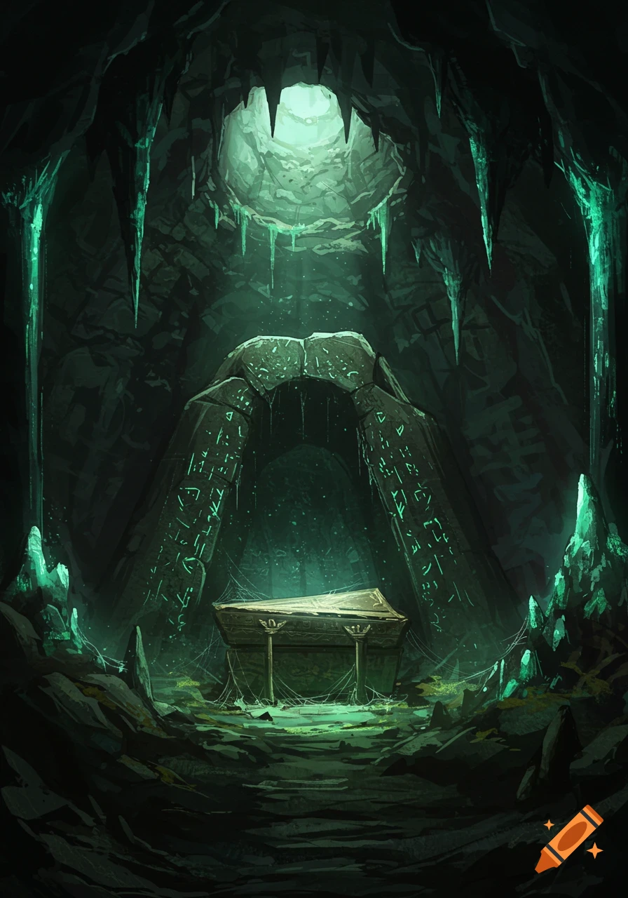 A mysterious underground cave with glowing green stalactites, a large stone archway with ancient symbols, and a decorated sarcophagus.