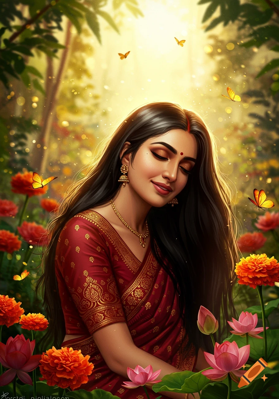 A beautiful Indian woman with long dark hair, wearing a red sari and gold jewelry, smiles with eyes closed amidst colorful flowers and butterflies in a sunlit forest.