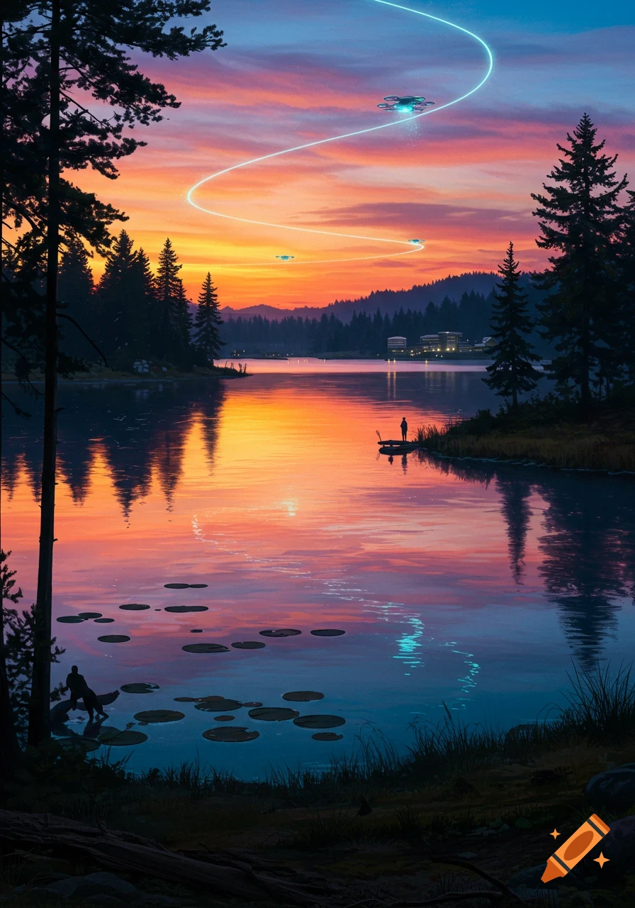 Digital art of a vibrant sunset over a calm lake surrounded by pine trees. Futuristic glowing drones fly overhead, leaving light trails.