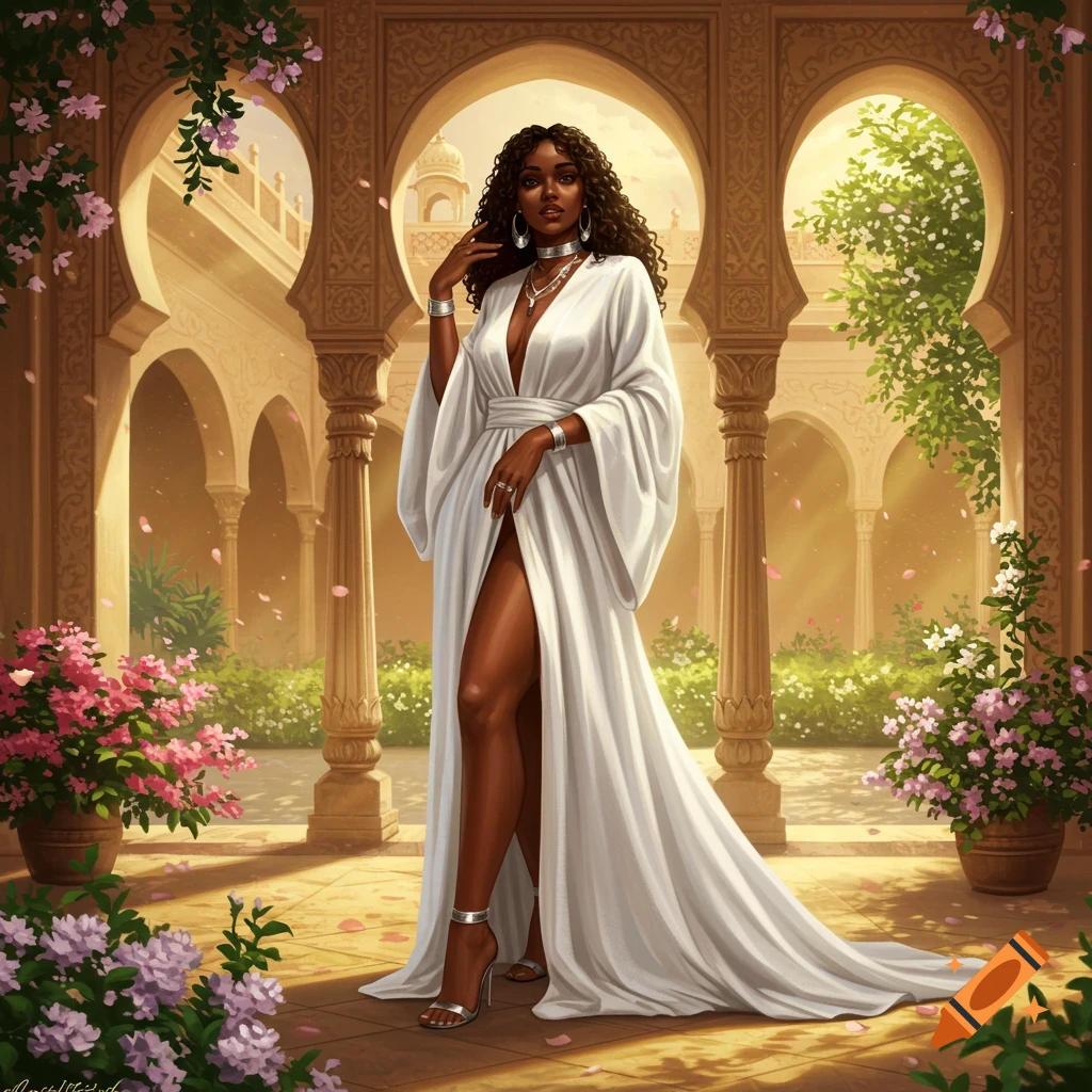 A beautiful dark-skinned woman in a flowing white gown with a high slit stands in a sunlit palace courtyard with arches and lush pink flowers.