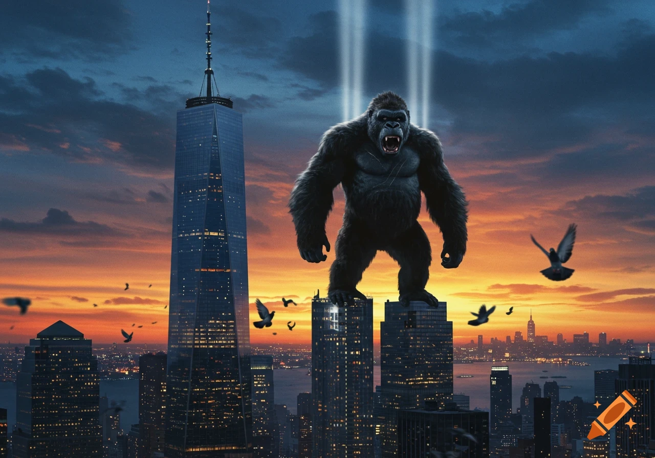 Photorealistic image of a giant ape roaring atop a skyscraper, with the One World Trade Center against a dramatic sunset cityscape.
