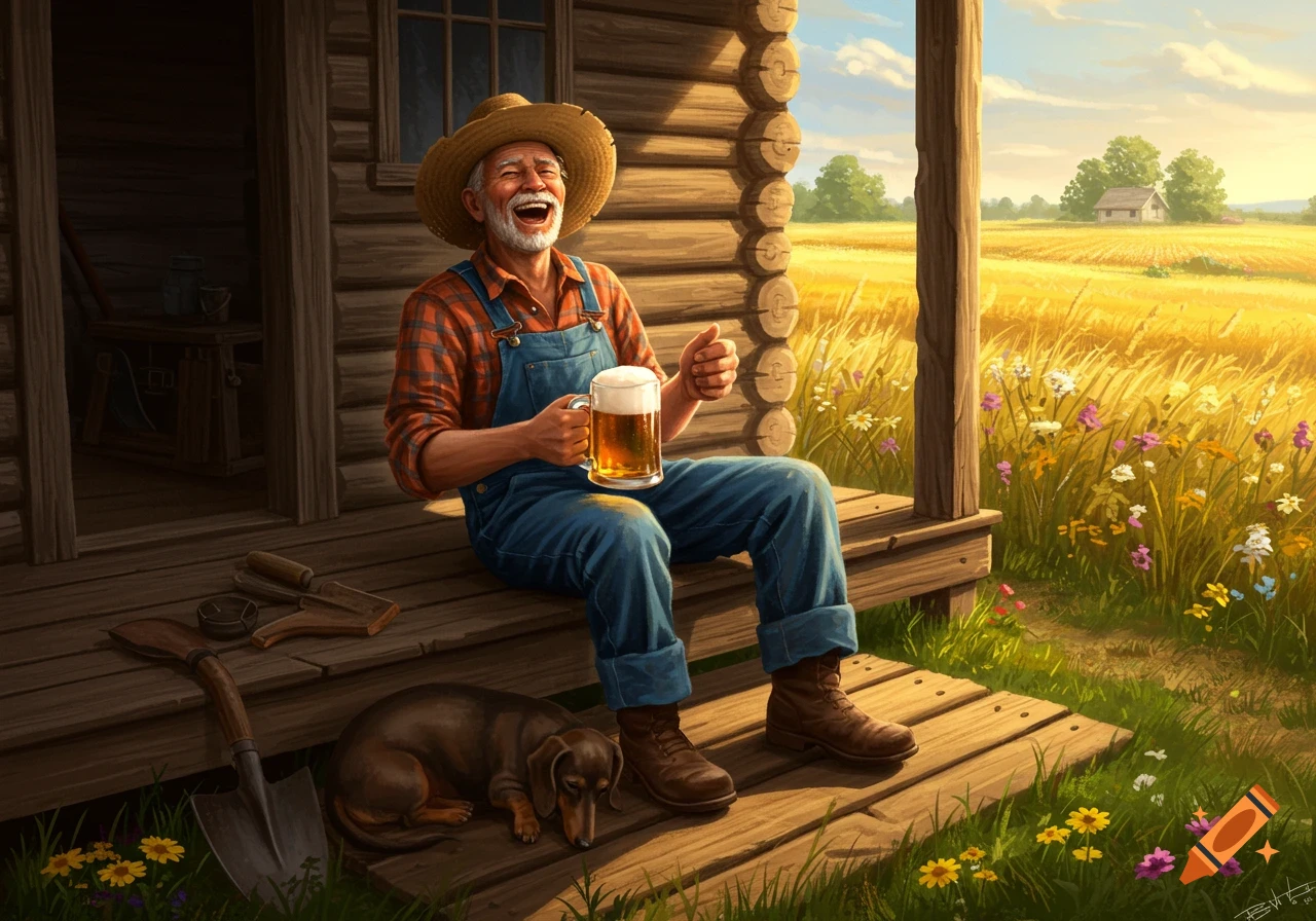 An old farmer in overalls and a straw hat laughs on his porch while holding a mug of beer, with a dachshund sleeping nearby and a golden field in the background.