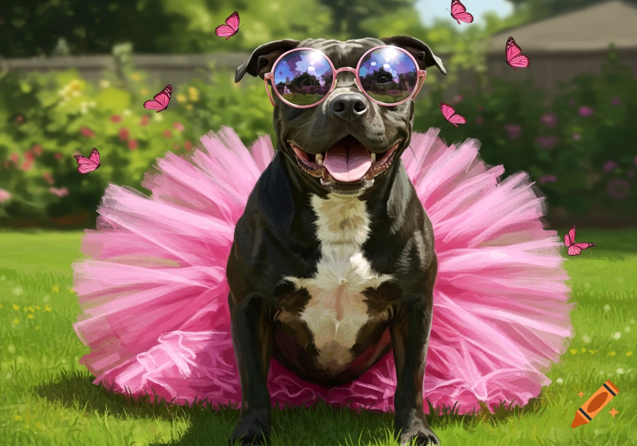 A happy black pit bull mix wearing a pink tutu and pink sunglasses sits in green grass with pink butterflies flying around.