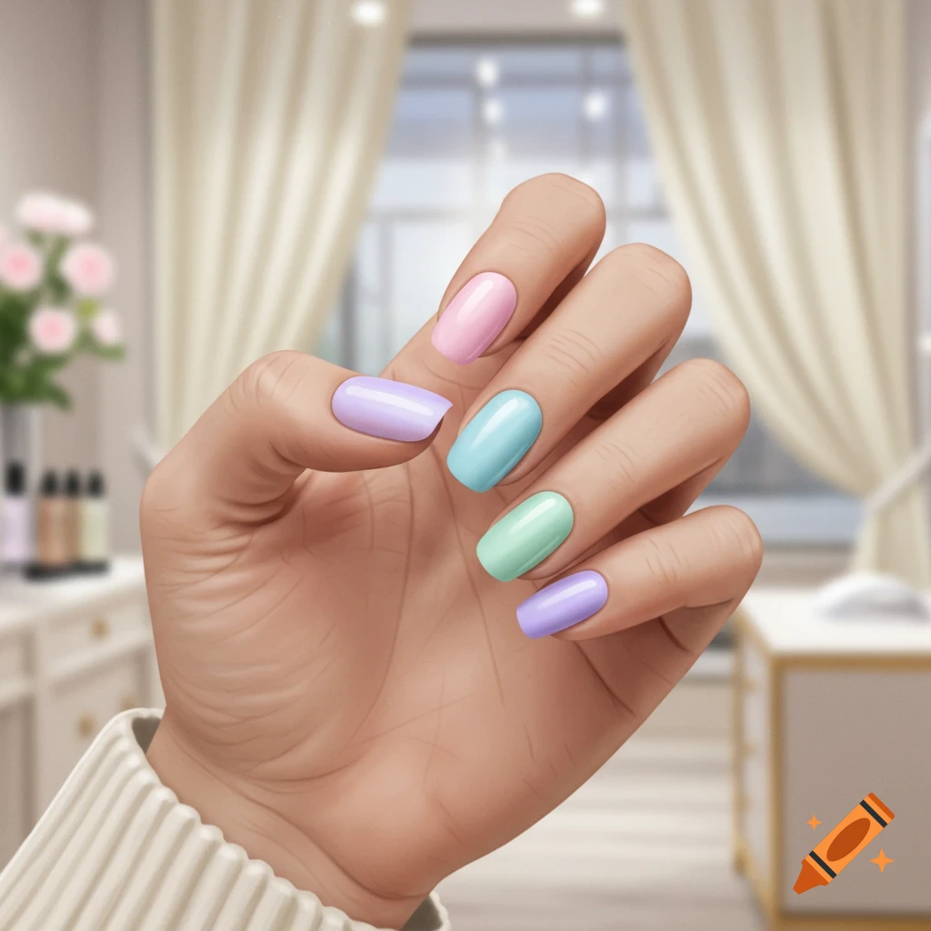 A hand with fingers spread, showing manicured nails painted in pastel pink, purple, blue, and green, in a bright salon-like setting.