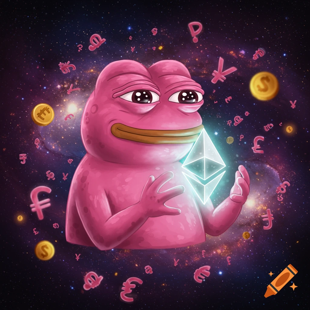 Pink Pepe the frog holds a glowing Ethereum symbol surrounded by currency signs in a starry galaxy.