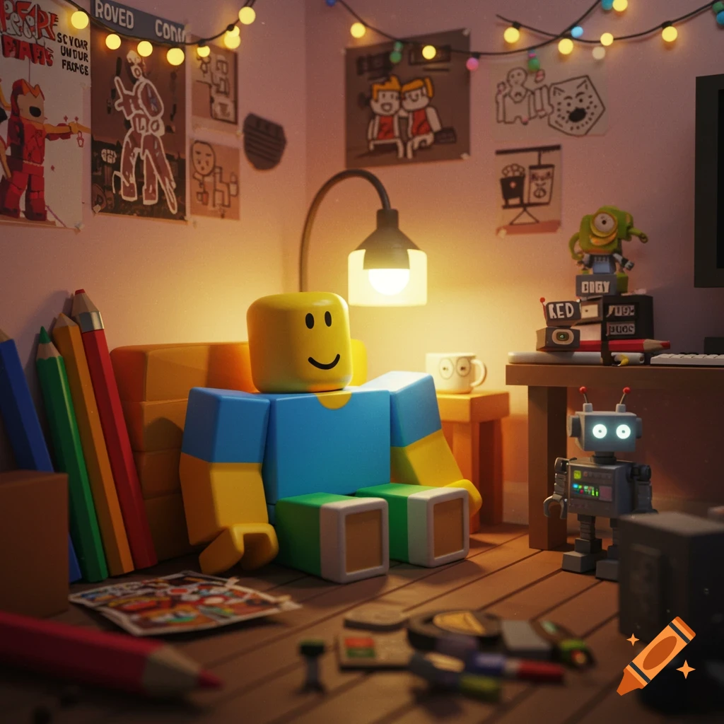 A stylized 3D render of a Roblox noob character sitting on a yellow couch in a cozy room with string lights and posters.