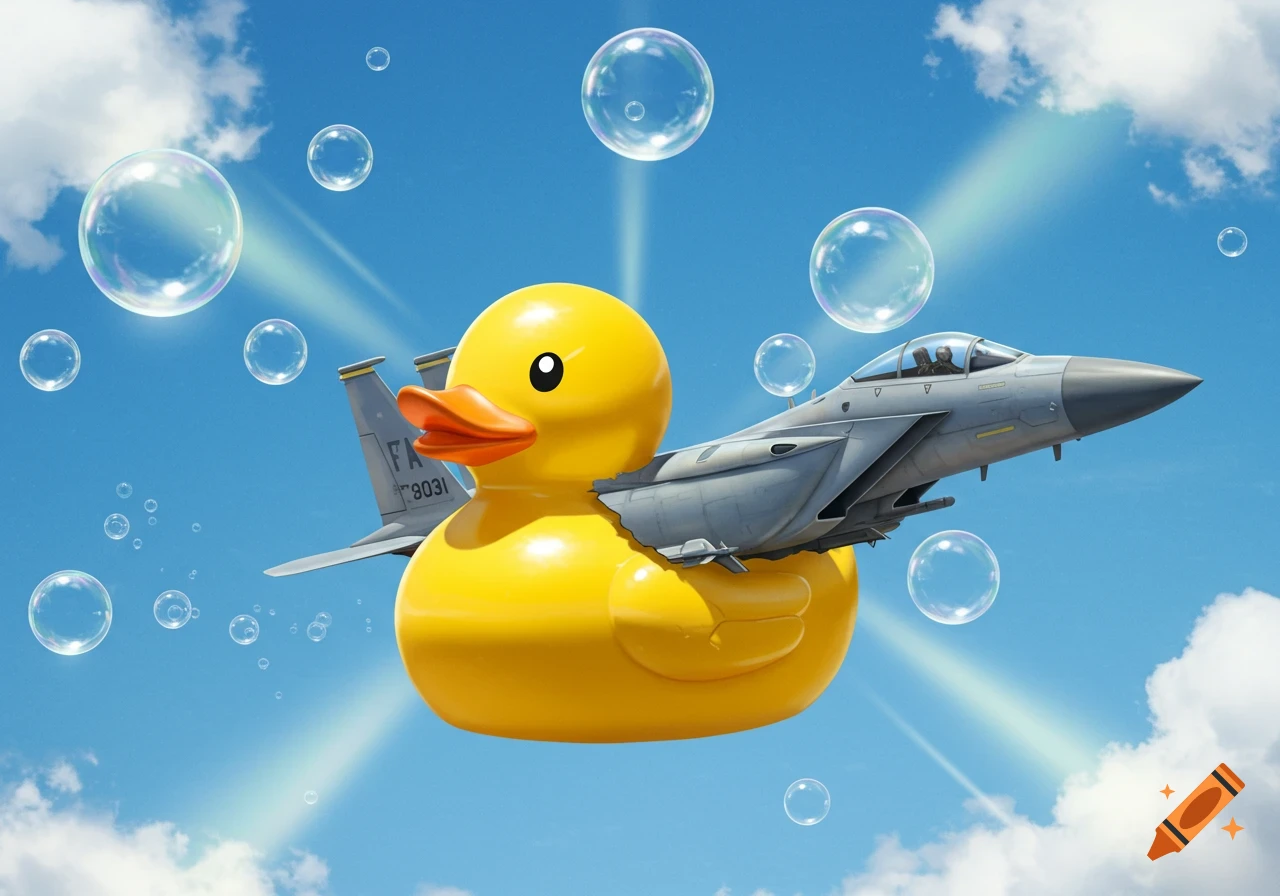 A large yellow rubber duck with a grey F-15 fighter jet mounted on its back, soaring through a blue sky filled with white clouds and floating bubbles.